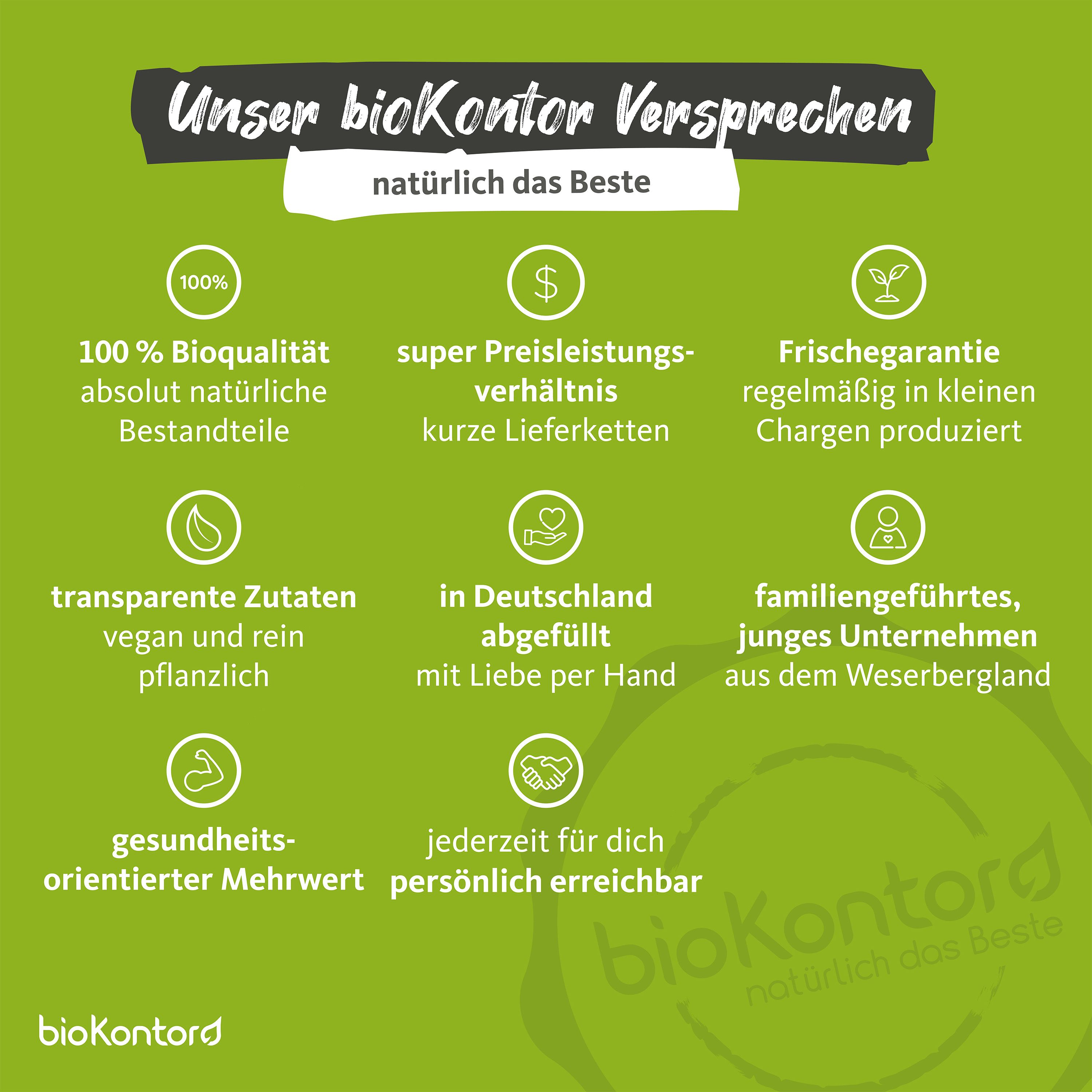 Grafik mit bioKontor Versprechen: 100% Bioqualität, transparente Zutaten, in Deutschland abgefüllt, gesundheitsorientiert.
