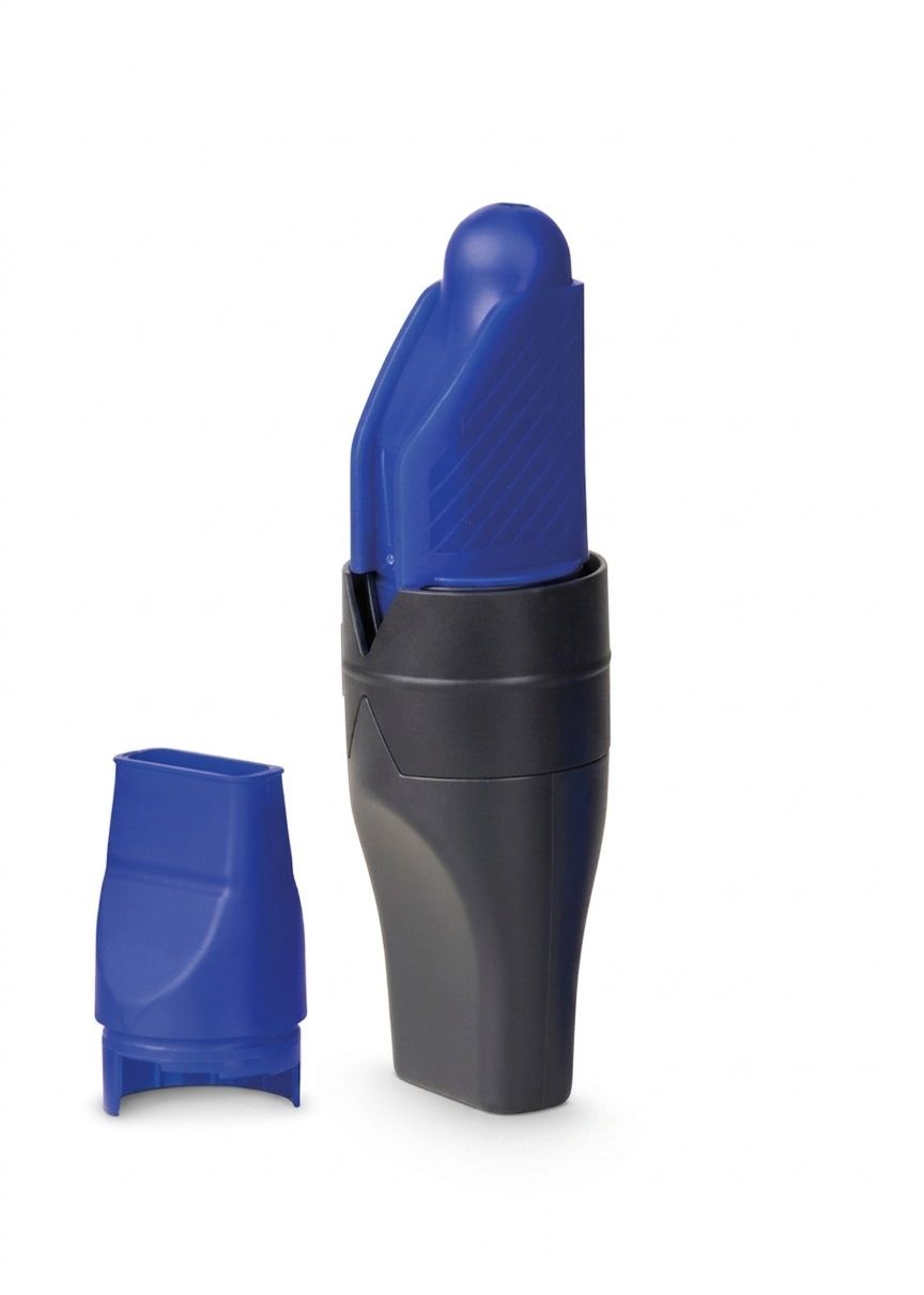Ein blau-graues Gerät mit einem blauen Aufsatz und einer separaten blauen Kappe.
