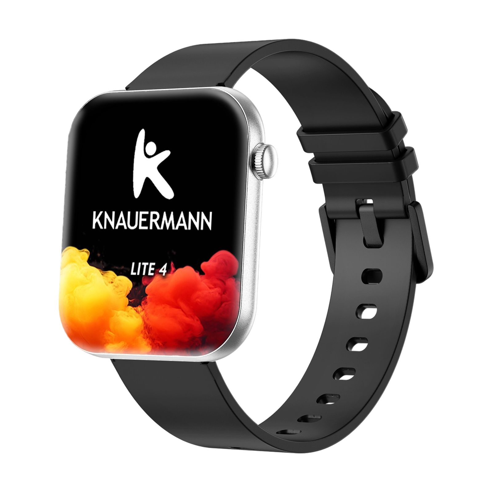Knauermann Lite 4 Smartwatch mit schwarzem Armband und silbernem Gehäuse. Das Display zeigt das Knauermann-Logo.