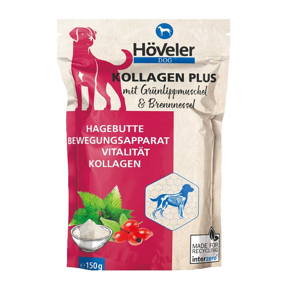 Beutel mit Höveler DOG KOLLAGEN PLUS. Enthält Grünlippmuschel & Brennnessel. Aufschrift: Hagebutte, Bewegungsapparat, Vitalität, Kollagen. 150g.