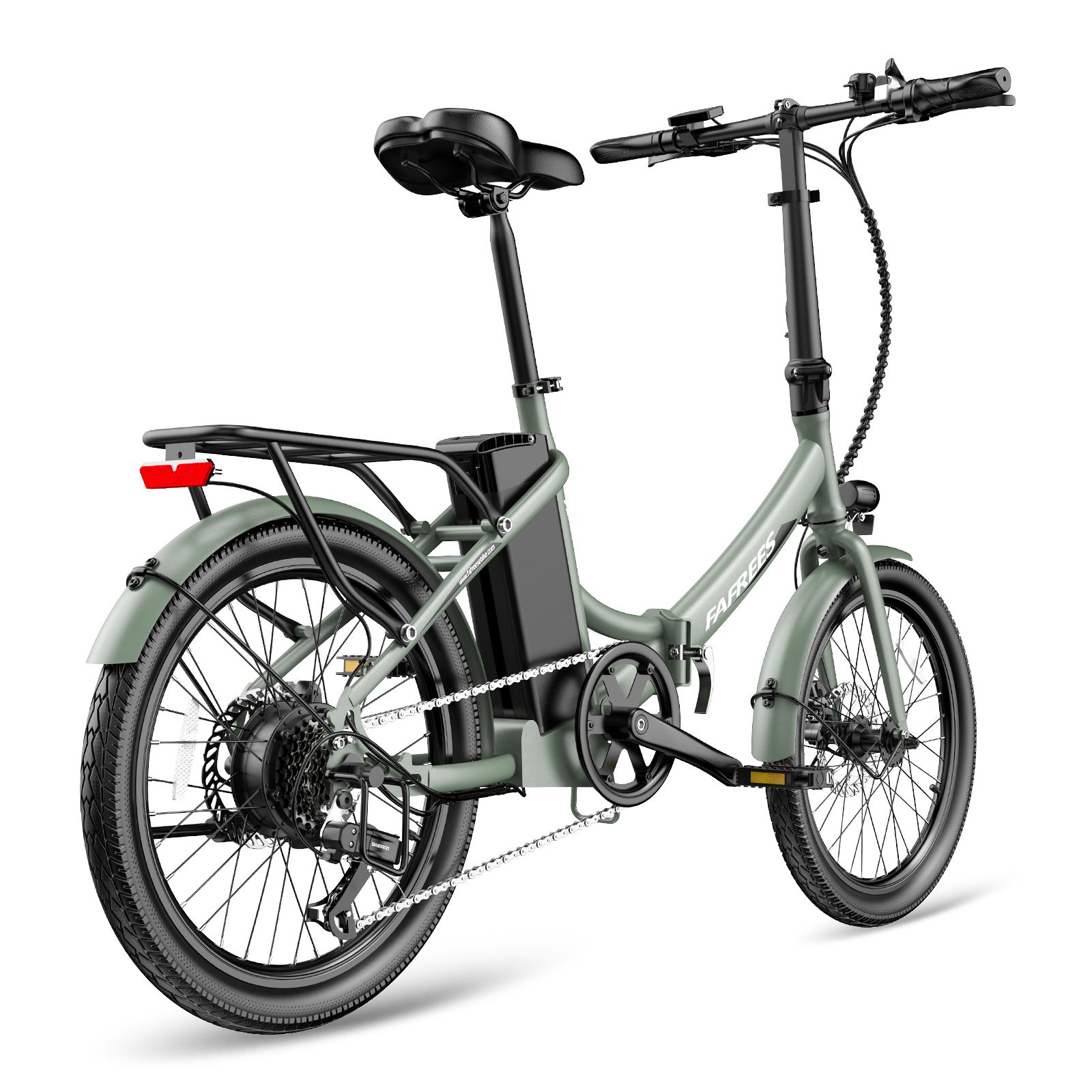 Hellgrünes Fafrees F20Light E-Bike. Klapprahmen, Gepäckträger, Schutzbleche. Schwarze Reifen und Sattel. Akku am Rahmen.