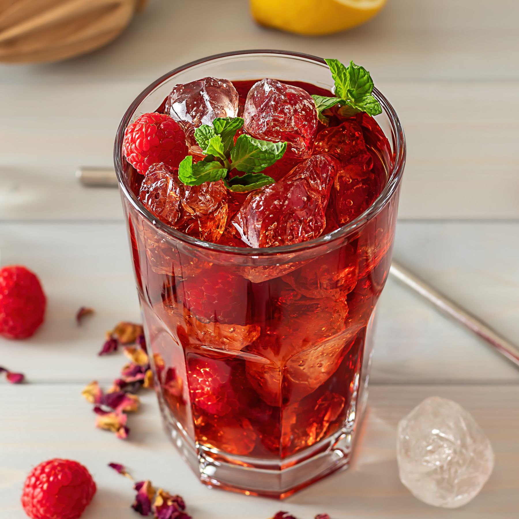 Glas mit rotem Getränk, Eiswürfeln, Himbeeren und Minze. Nahaufnahme. Auf hellem Tisch. Streuung von Blütenblättern.