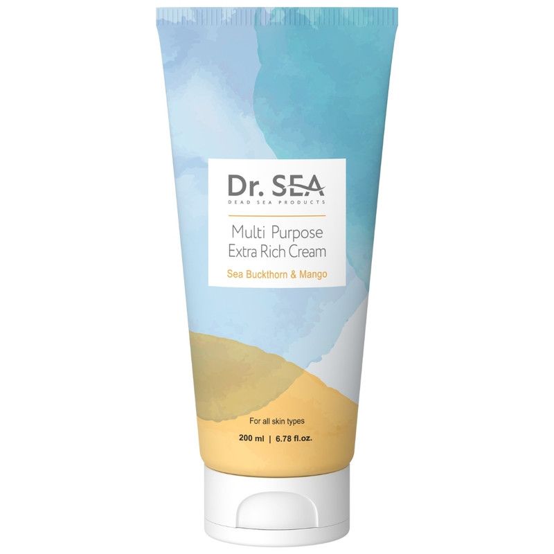Tube DR. SEA Multi Purpose Extra Rich Cream, Mango. Blau-weißes Design, weißer Deckel. 200 ml.
