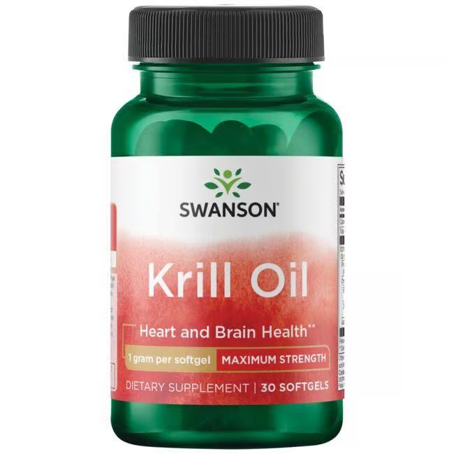 Grüne Flasche mit Kapseln. Aufschrift: SWANSON, Krill Oil, 1 g pro Softgel, 30 Softgels. Für Herz- und Gehirngesundheit.