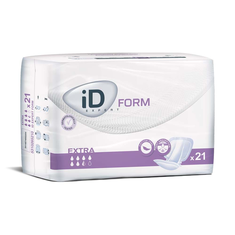 iD Form Extra, Packung mit 21 Stück. Weißes Paket mit lila Akzenten. Produktabbildung und Logos.