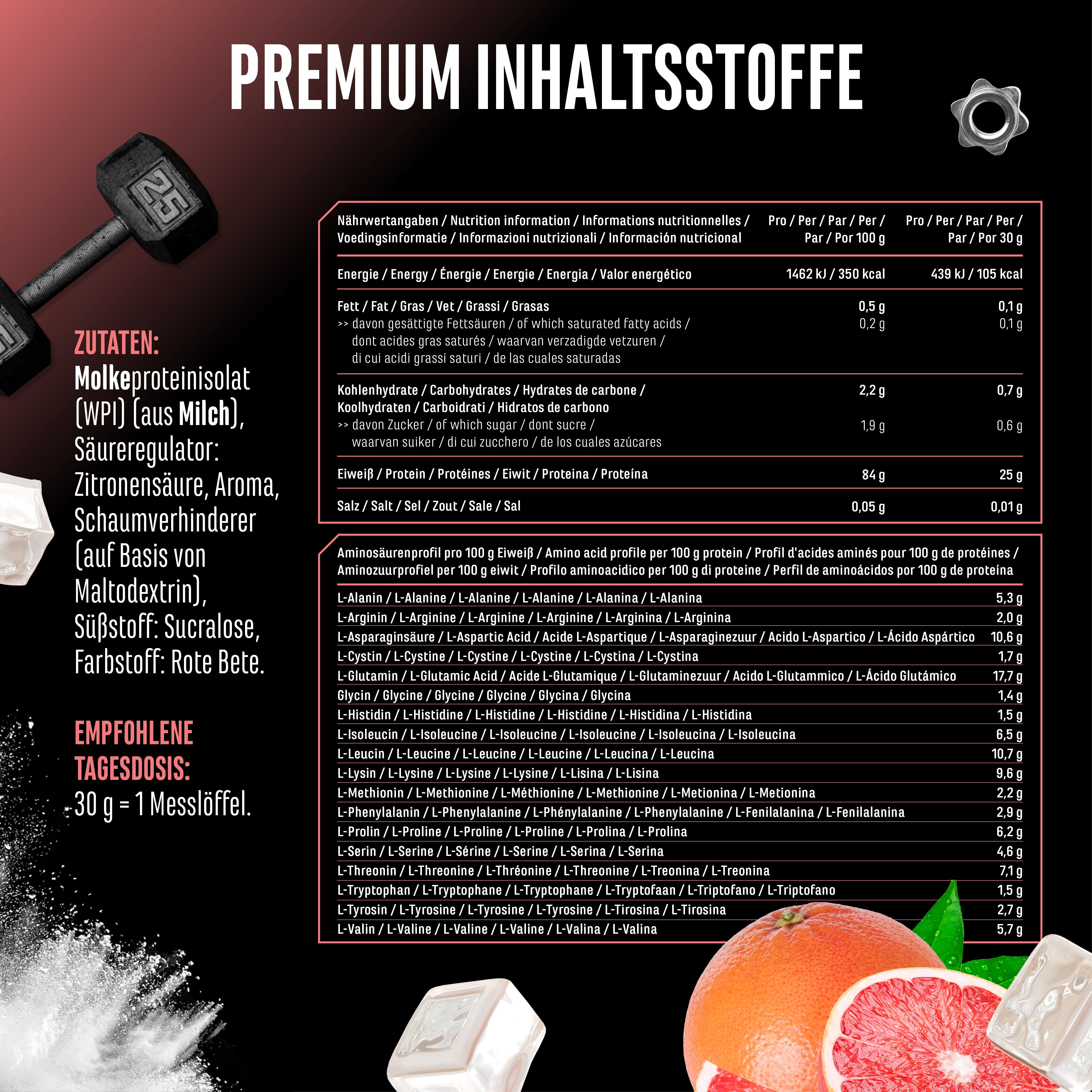 Nährwerttabelle mit Zutaten: Molkenproteinisolat (aus Milch), Säureregulator, Zitronensäure, Aroma, Schaumverhinderer, Süßstoff, Sucralose, Farbstoff, Rote Bete. Empfohlene Tagesdosis: 30g.
