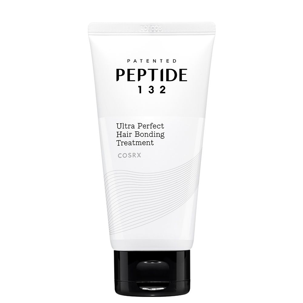 Weiße Tube mit schwarzem Klappdeckel. Beschriftung: PEPTIDE 132, Ultra Perfect Hair Bonding Treatment, COSRX.
