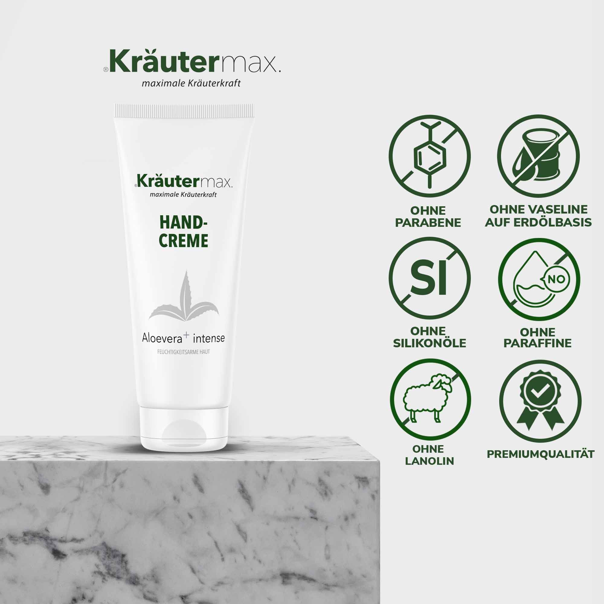 Handcreme-Tube mit Kräutermax-Logo, Text: Ohne Parabene, Vaseline, Silikonöle, Paraffine, Lanolin. Premiumqualität-Siegel.