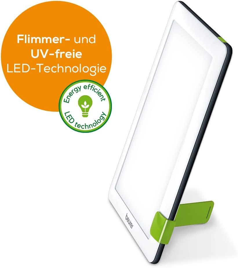 Tageslichtlampe mit LED-Technologie. Text: Flimmer- und UV-freie LED-Technologie. Logo: Energy efficient LED technology.