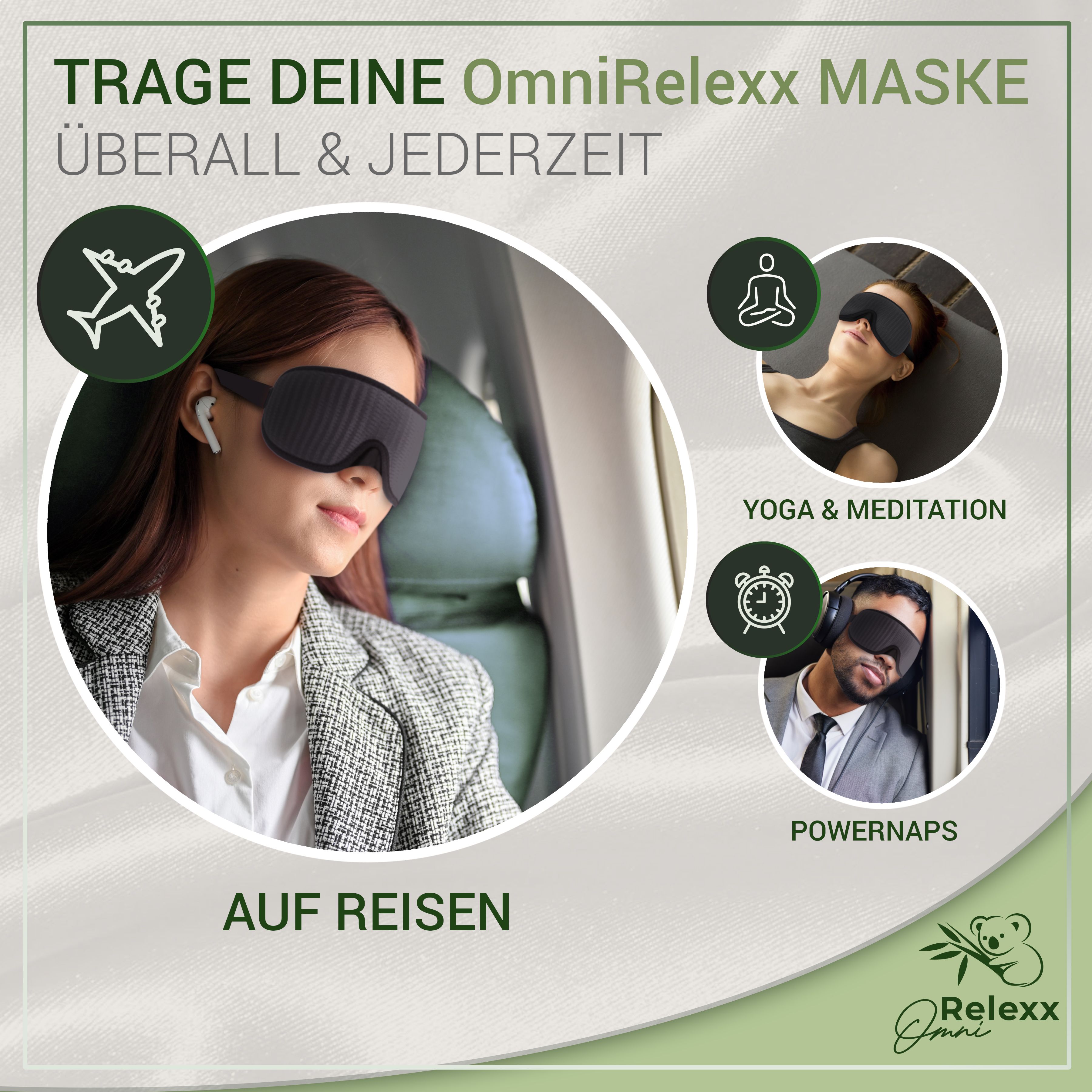 Anwendungsbeispiele: Reisen, Yoga, Powernaps. Frau im Flugzeug, Person bei Yoga, Mann beim Schlafen.