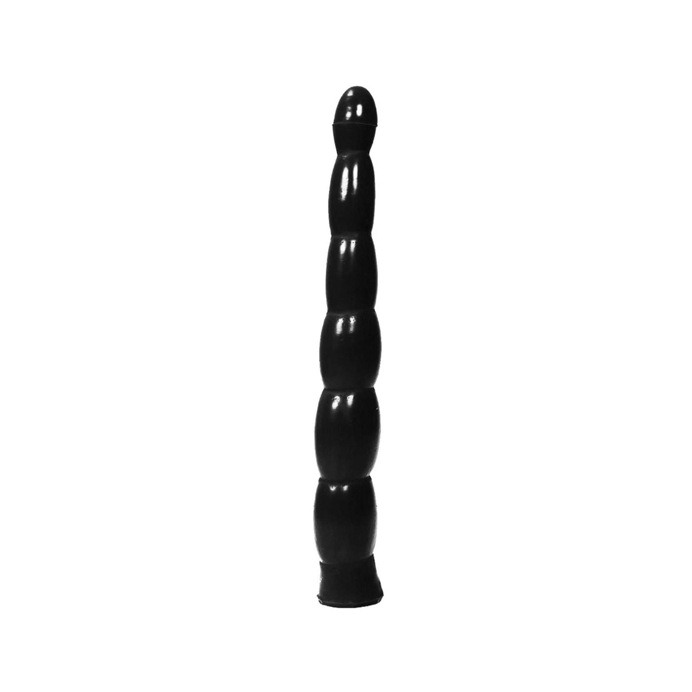Schwarzer Dildo mit länglicher Form. Besteht aus mehreren ovalen Segmenten. Oberseite abgerundet, Unterseite leicht ausgestellt.