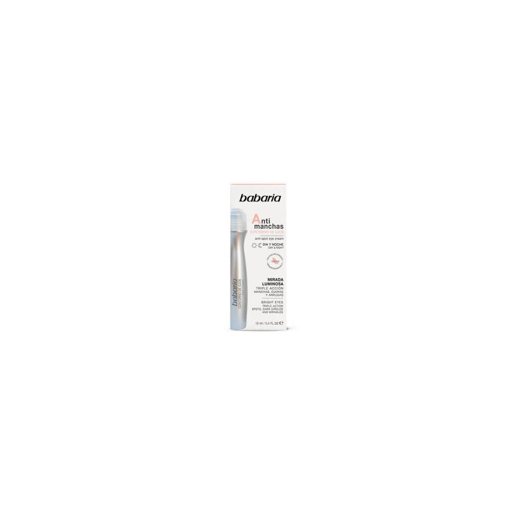 Babaria Anti-Spot Augencreme. Silberne Tube und Verpackung mit Produktinformationen. Sichtbare Schriftzüge: Anti-Manchas, Contorno de Ojos.