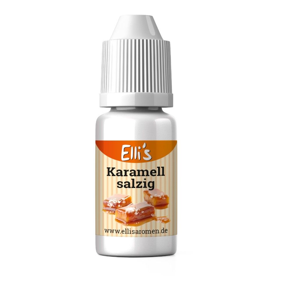 Weiße Flasche mit Etikett. Aufschrift: Elli's Karamell salzig. Abbildung von Karamellstücken. www.ellisaromen.de.