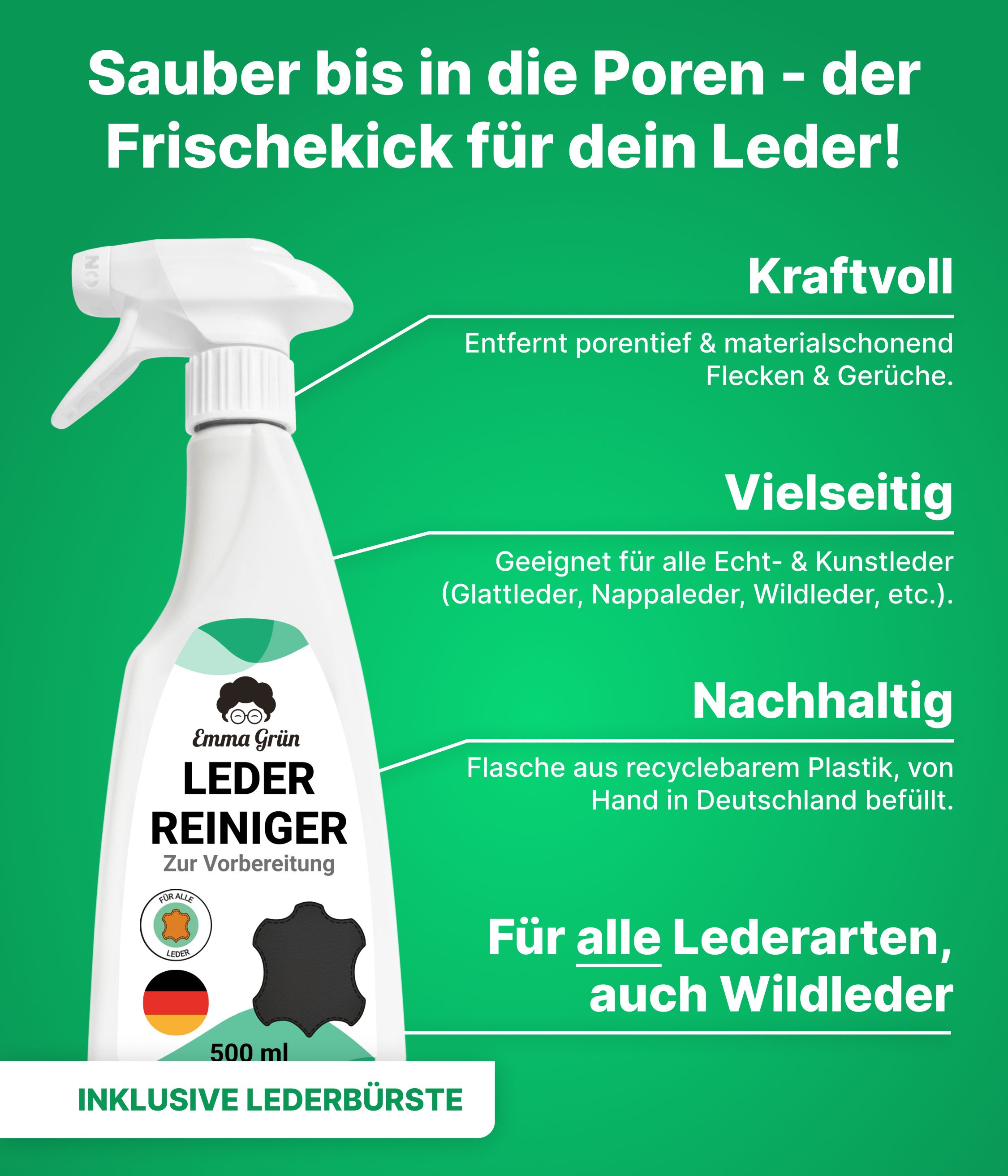 Weiße Sprühflasche Emma Grün® Lederreiniger. Text: 'Für alle Lederarten'. Mit deutscher Flagge. Text: 500 ml. Inklusive Lederbürste.