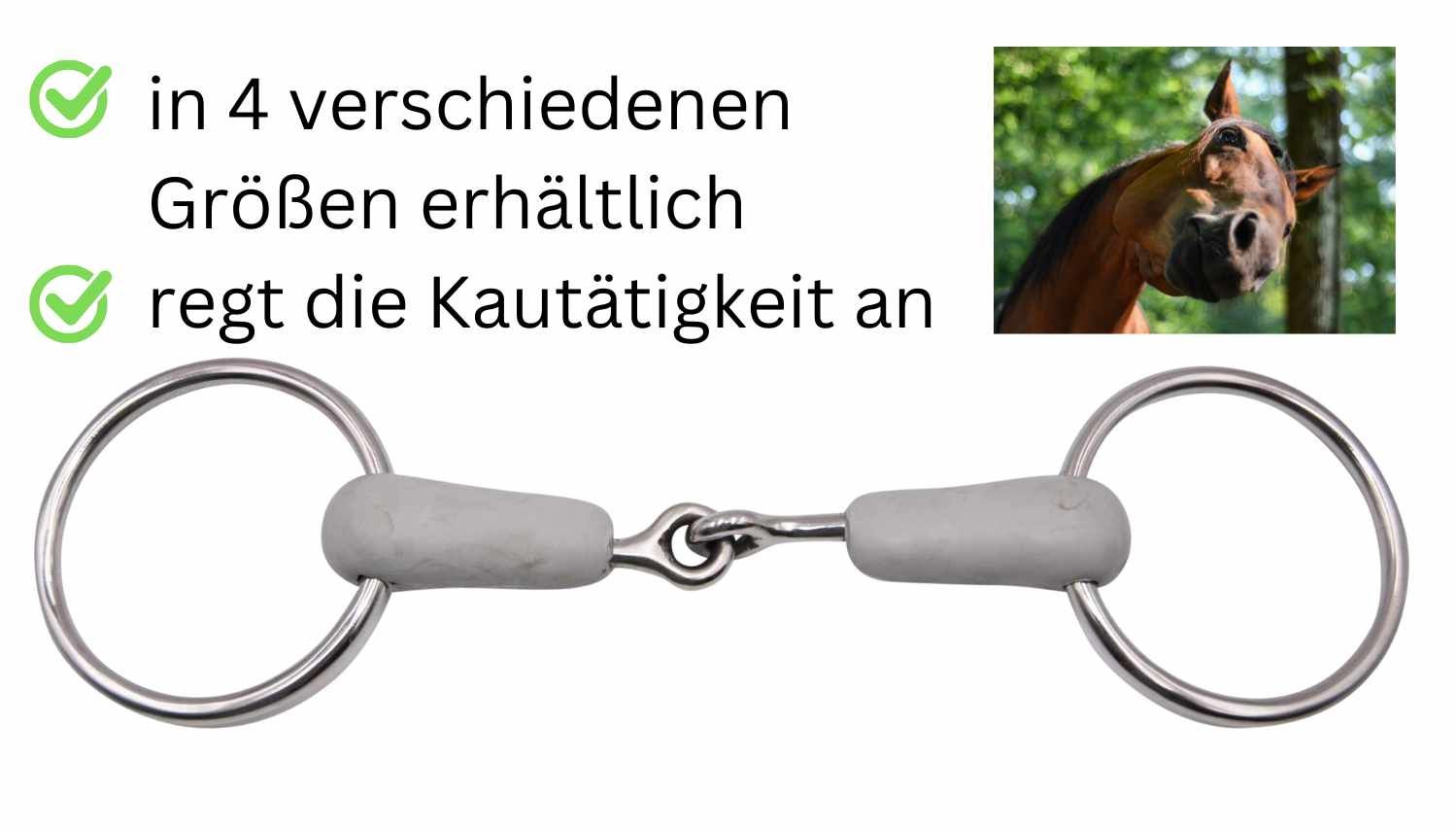 Gebrochene Kunststoff-Wassertrense mit Edelstahlringen. Text: in 4 verschiedenen Größen erhältlich, regt die Kautätigkeit an.