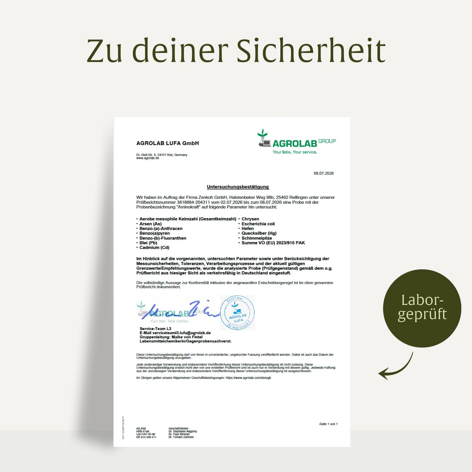 Laborgeprüftes Zertifikat für Aminosäuren-Komplex von AGROLAB GROUP.