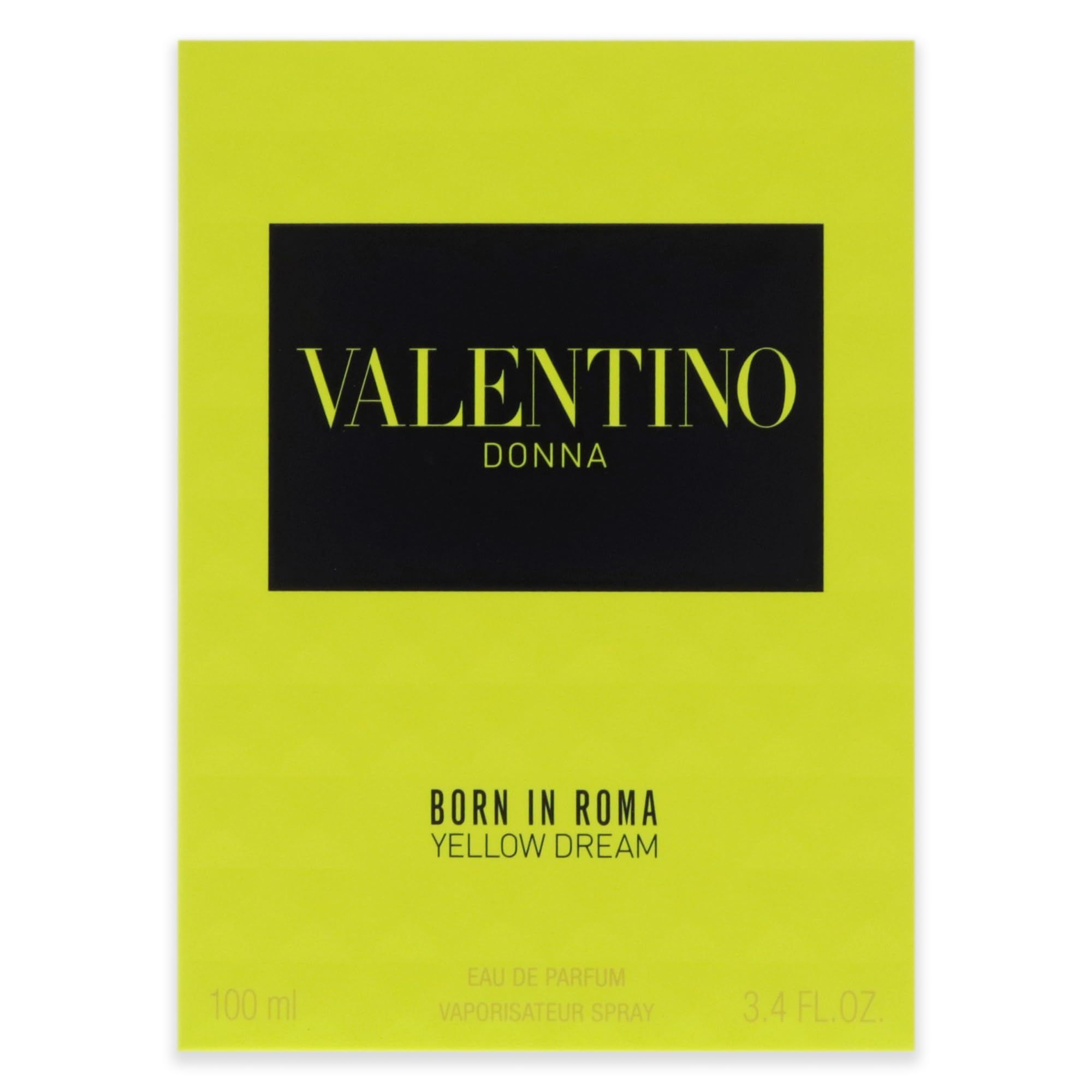 Gelbe Verpackung mit schwarzem Rechteck und Valentino-Schriftzug. Born in Roma Yellow Dream-Text.