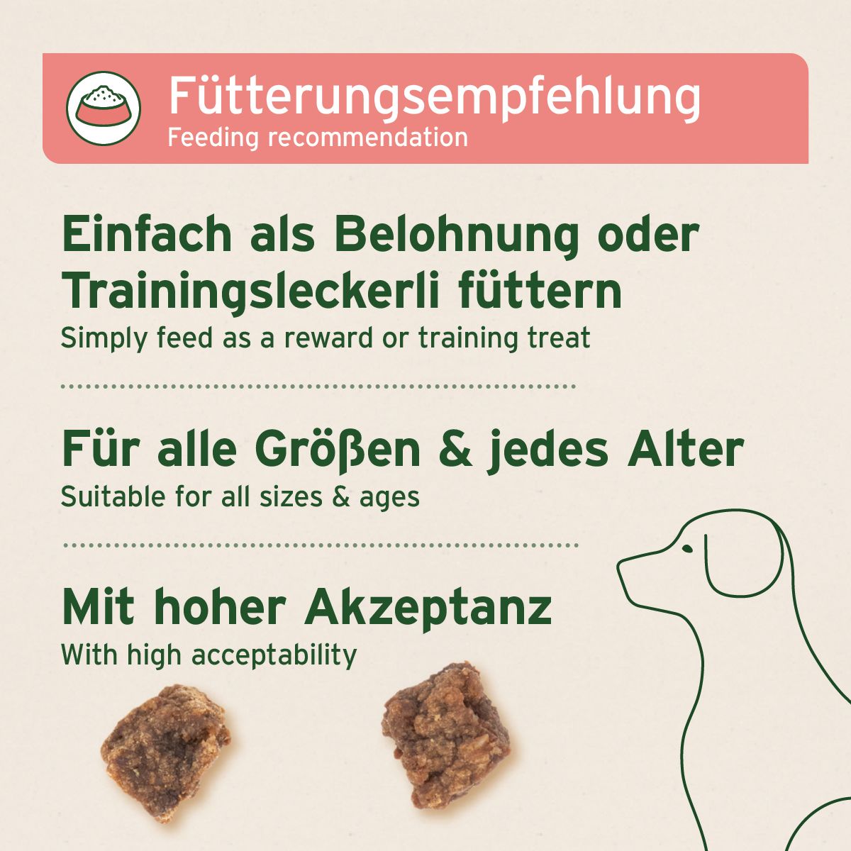 Rosa Hintergrund mit Text. Fütterungsempfehlung. Einfach als Belohnung oder Trainingsleckerli füttern. Für alle Größen & jedes Alter.