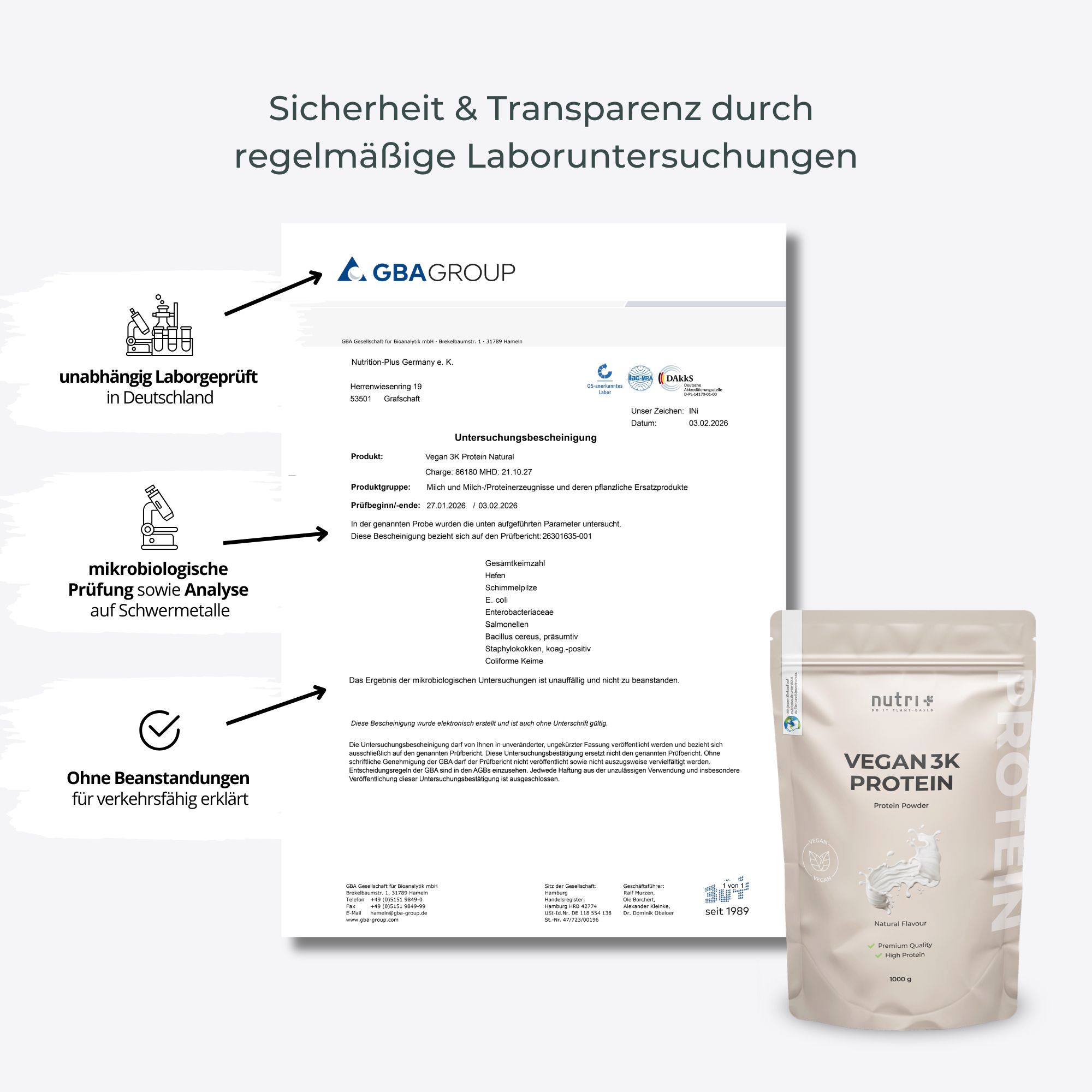 Laborbericht für nutri+ Veganes Proteinpulver 3k, unabhängige Tests auf Schwermetalle und Verkehrsfähigkeit.