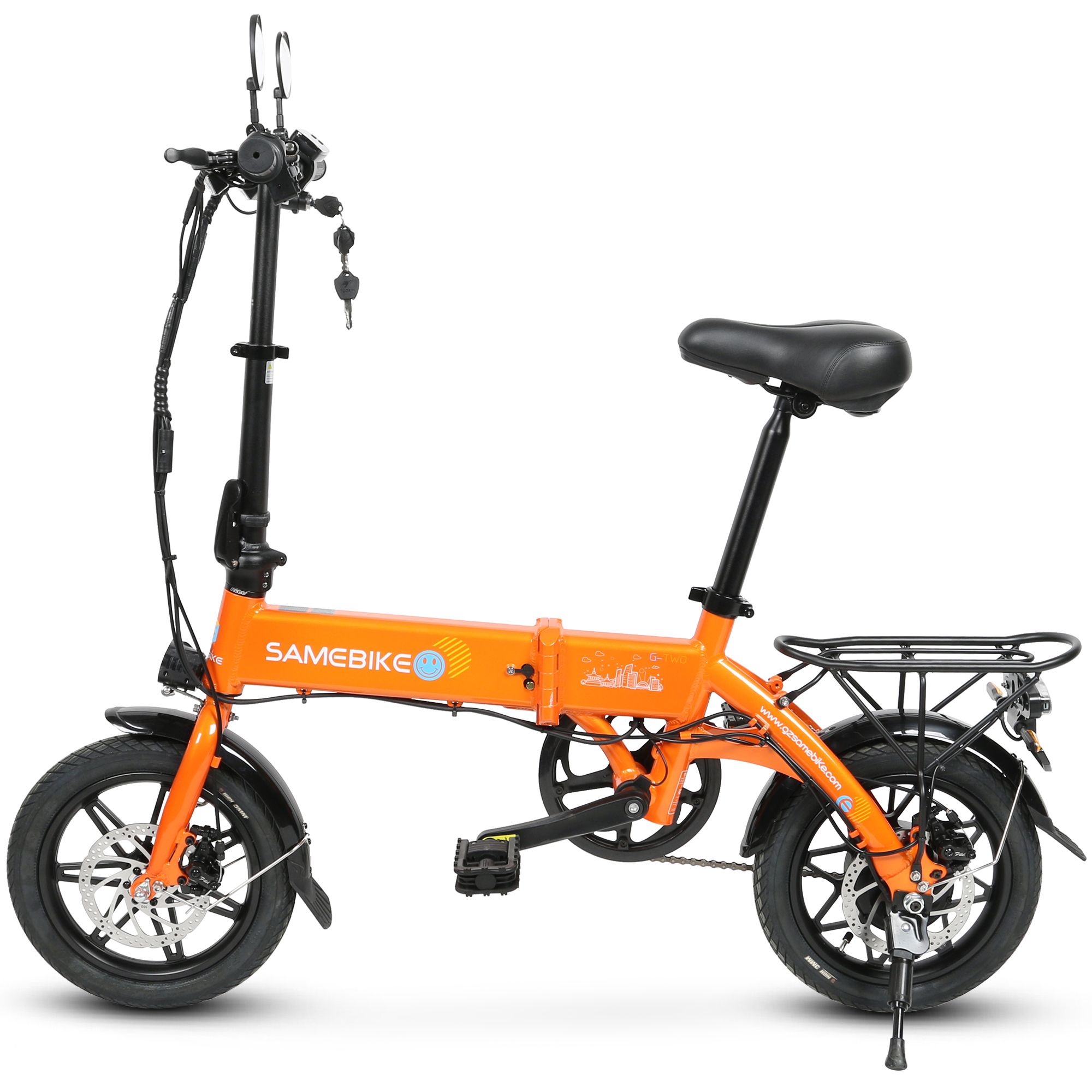 Klappbares E-Bike, orangefarben, mit schwarzem Sattel und Gepäckträger. Marke SAMEBIKE.