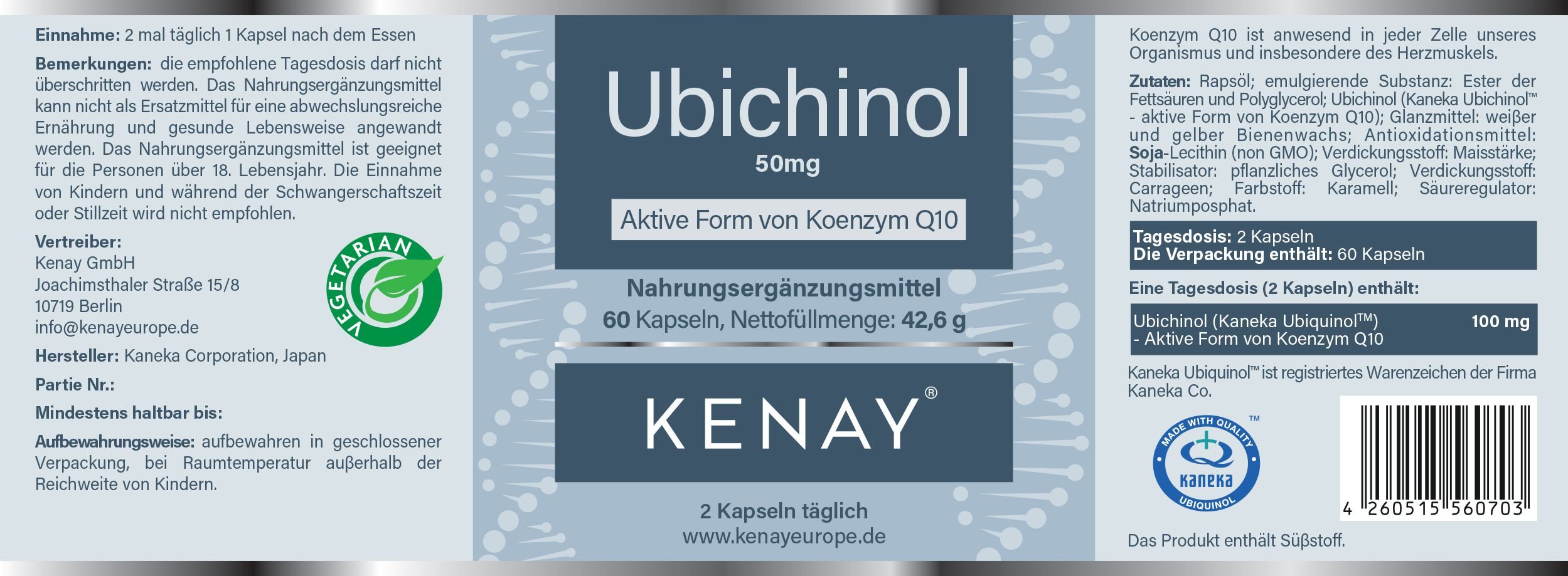 Etikett mit Ubichinol 50mg. Aktive Form von Koenzym Q10. KENAY-Marke. 60 Kapseln. Nahrungsergänzungsmittel. Vegan.