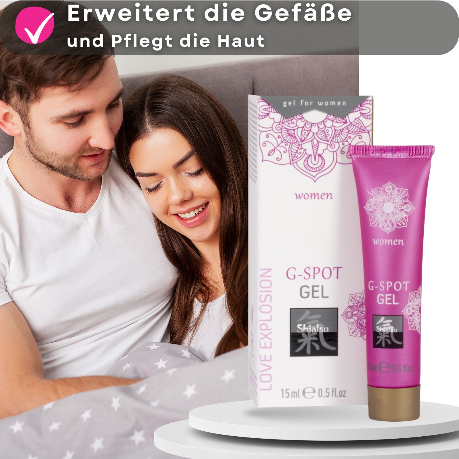 G-Spot Gel, Tube und Verpackung. Verpackung und Tube mit Text. 15ml. Marke: Shiatsu. Paar im Hintergrund.
