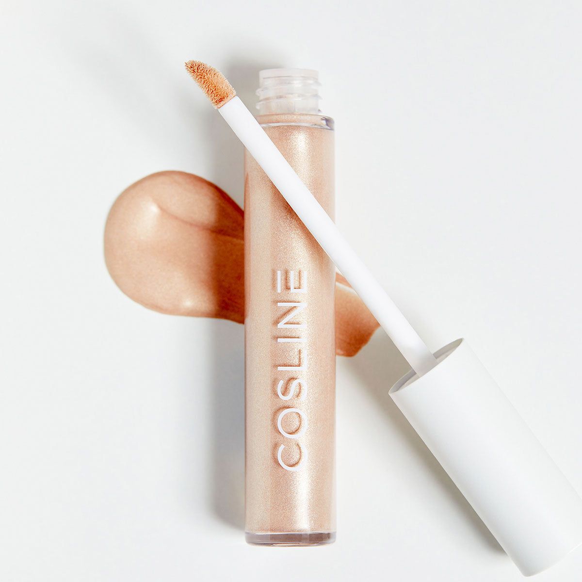 Kosmetikprodukt mit Applikator und Produkt-Schmier. Durchsichtige Flasche mit rosafarbenem Inhalt. Aufschrift: COSLINE.