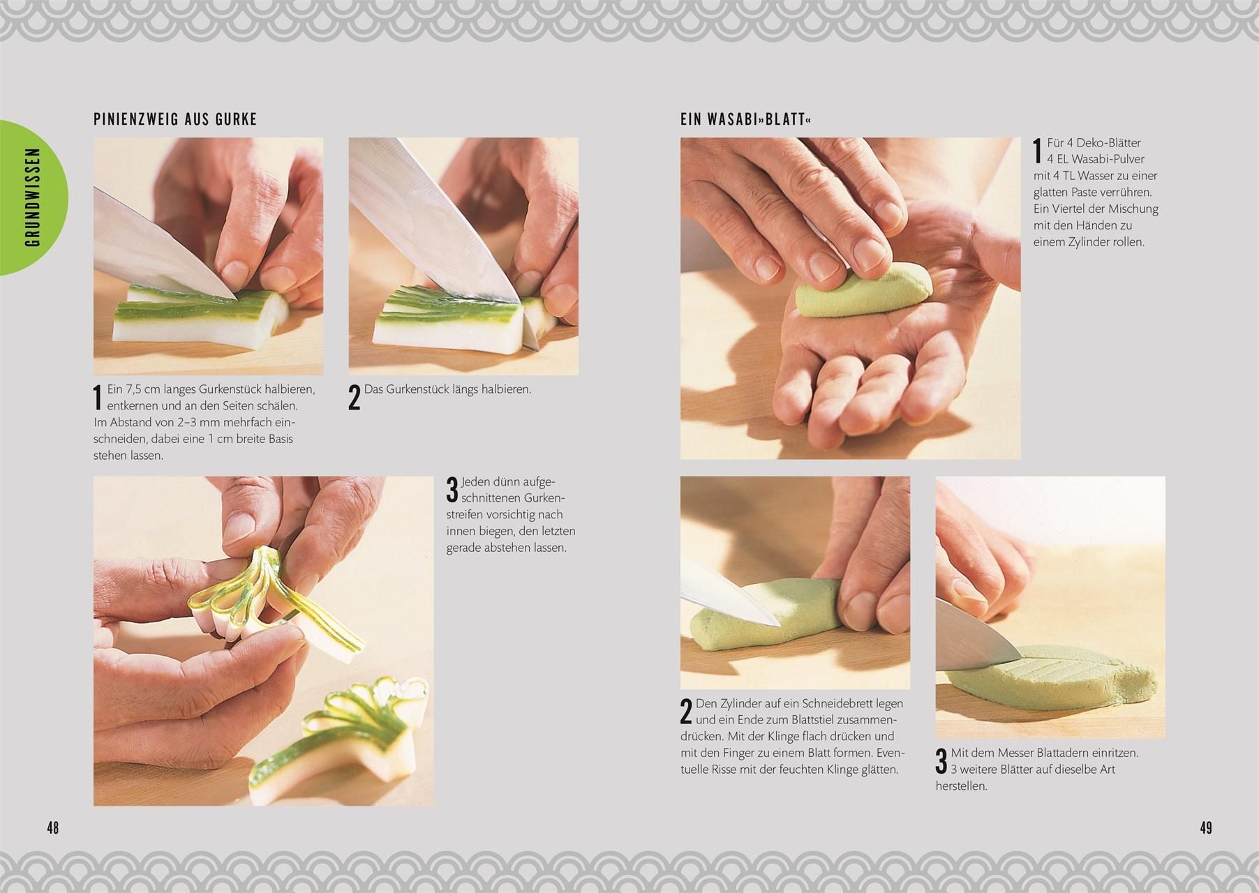 Anleitung zur Zubereitung von Sushi. Hände schneiden Gurke und Wasabi-Blatt.
