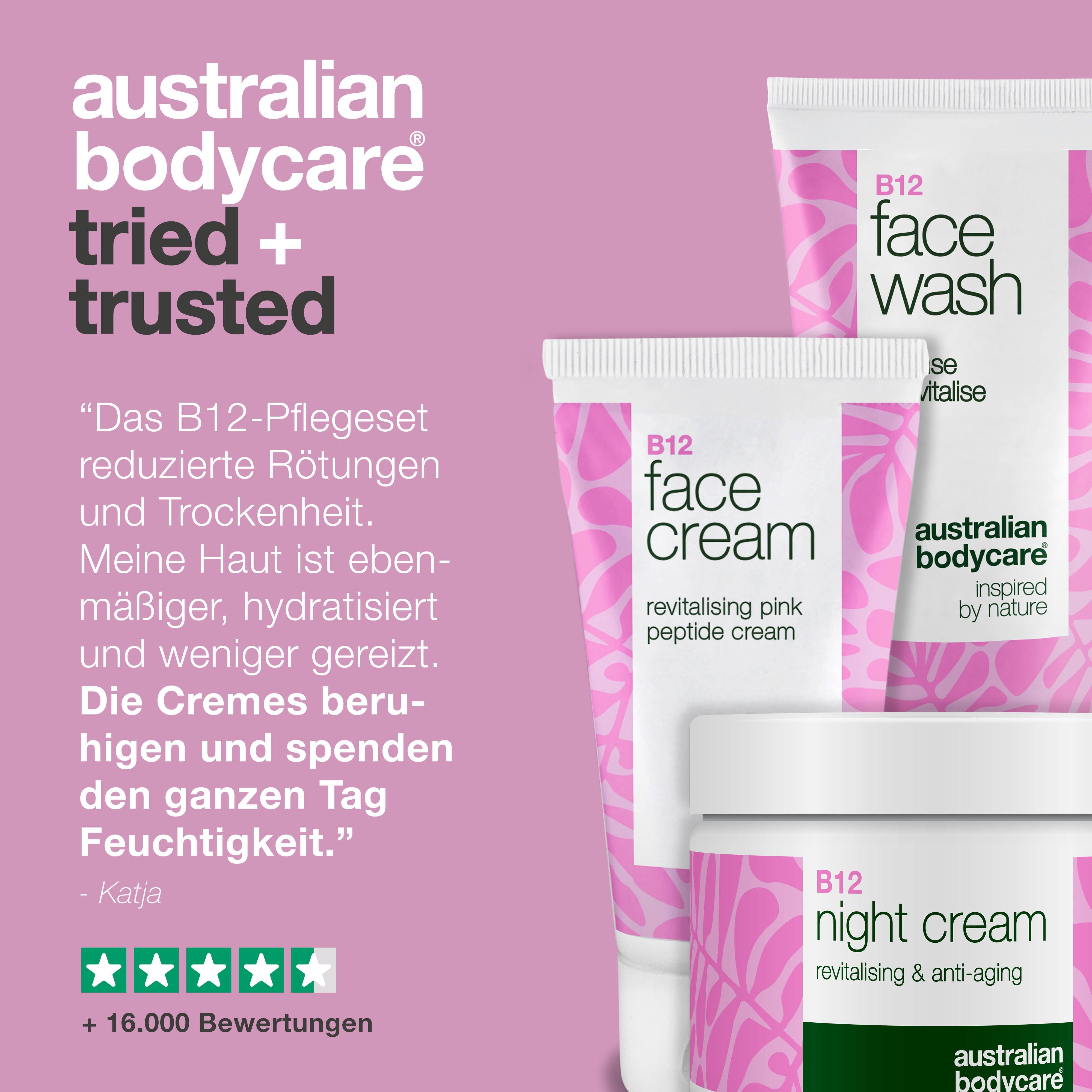 Face Wash, Face Cream und Night Cream. Text: Australian Bodycare tried + trusted, Zitat, 5 Sterne, +16.000 Bewertungen.