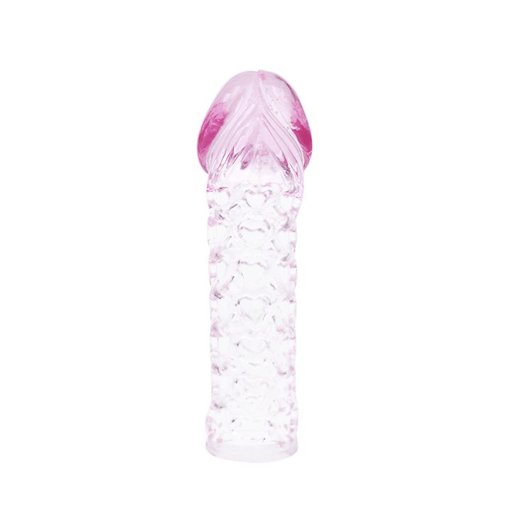 Penis-Extender-Cover. Transparentes Material mit rosa Spitze. Geriffelte Oberfläche.