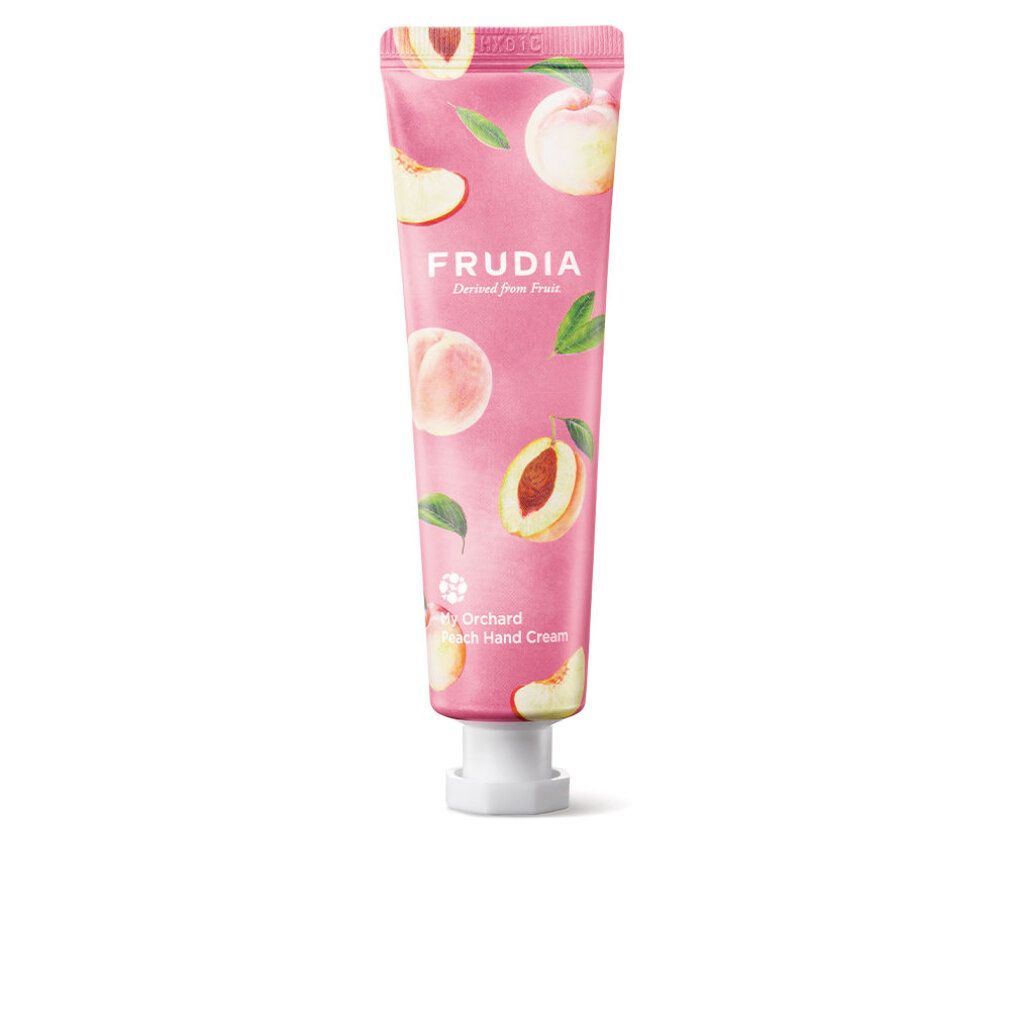 Rosa Tube mit Pfirsich-Motiv und Aufschrift FRUDIA. Produktname: My Orchard Peach Hand Cream. Weißer Verschluss.