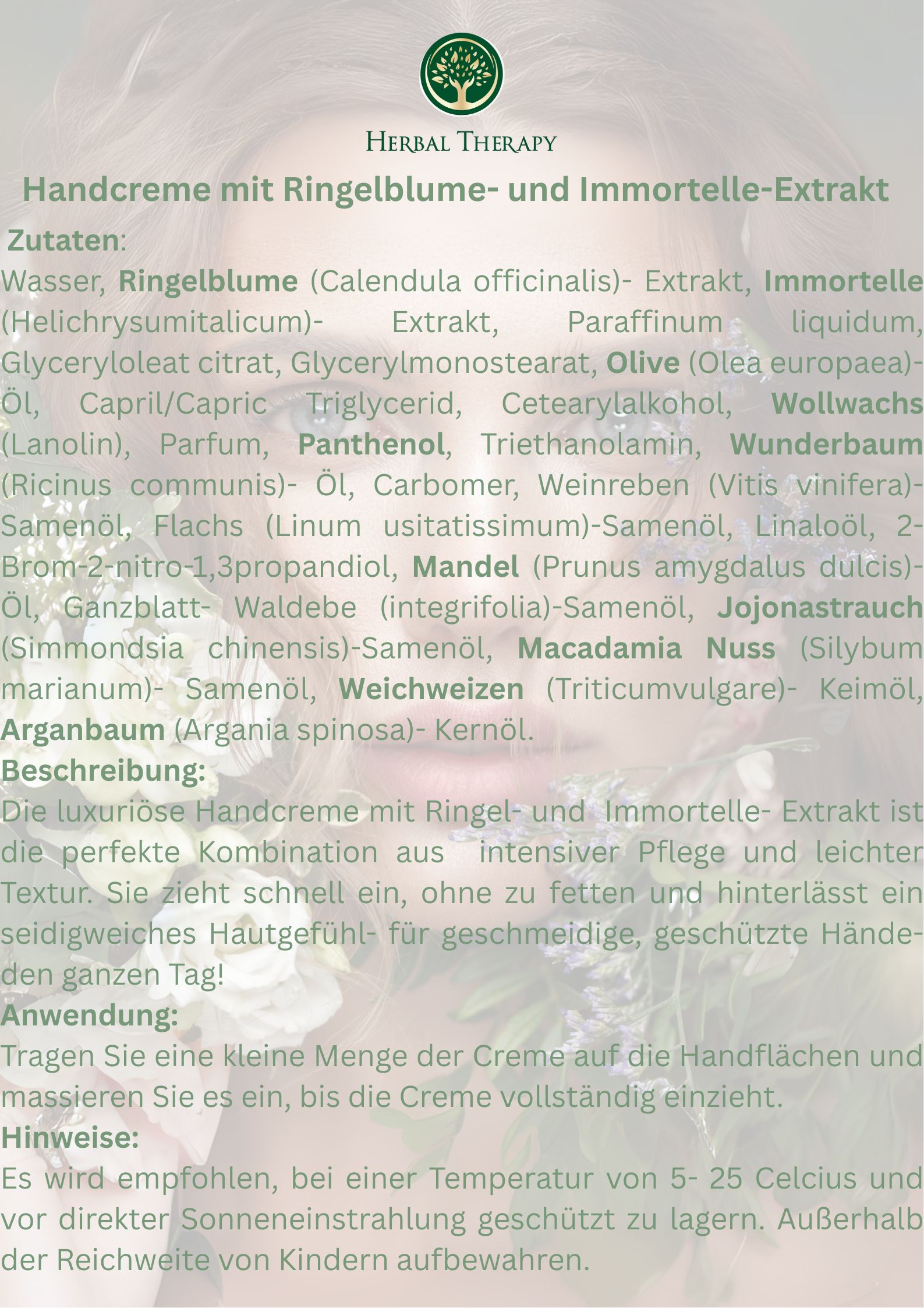 Text auf hellem Hintergrund. Text: Herbal Therapy, Handcreme mit Ringelblume- und Immortelle-Extrakt. Auflistung von Inhaltsstoffen und Anwendung.