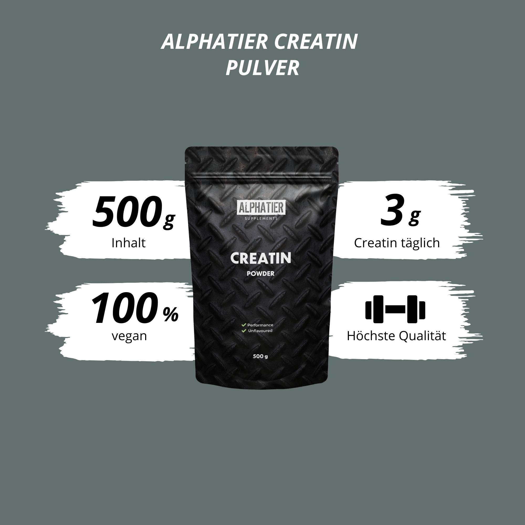 Grafik mit Alphatier Creatin Pulver. Text: 500g Inhalt, 3g Creatin täglich, 100% vegan, Höchste Qualität.