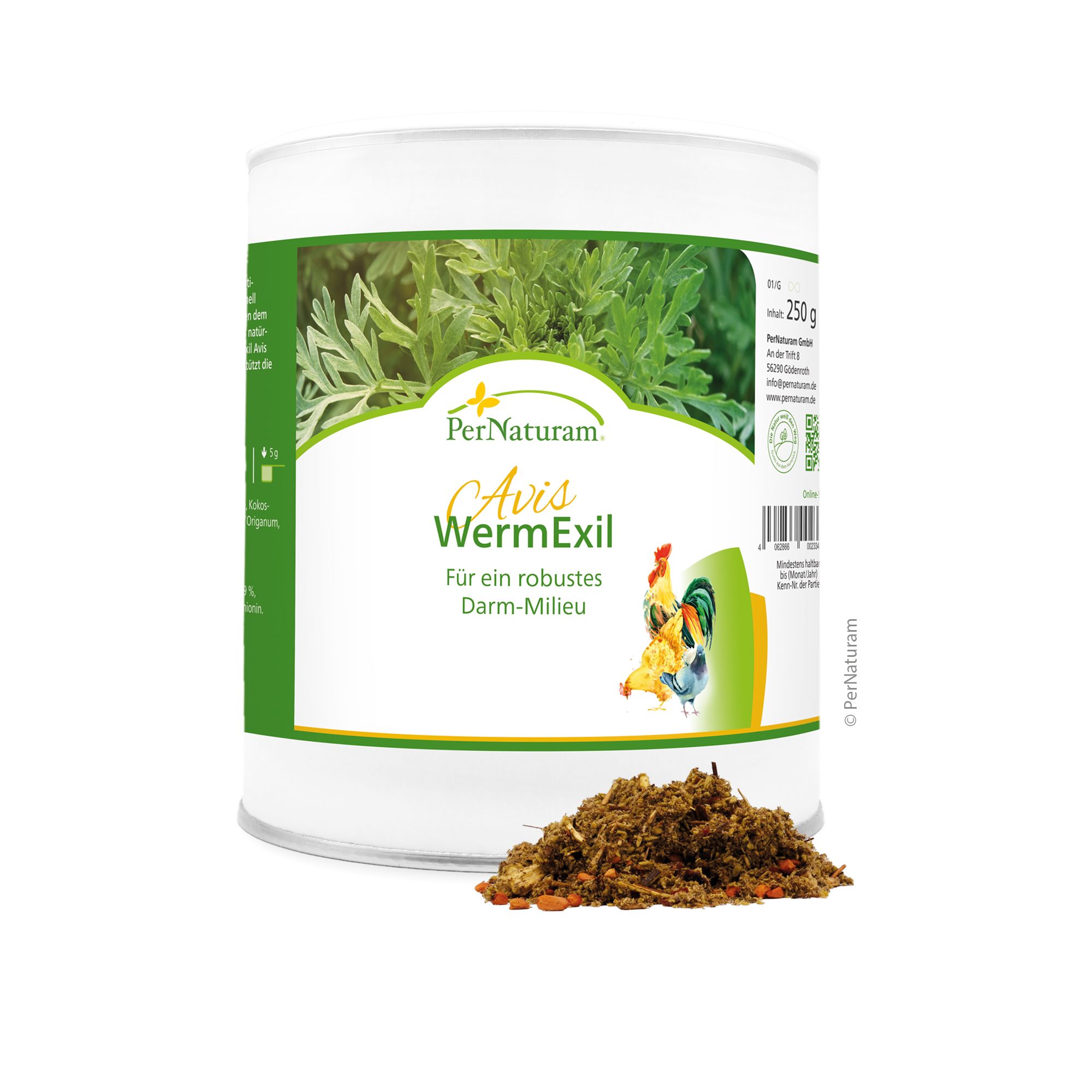 Weißes Gefäß mit "Avis WermExil"-Aufdruck. Grünpflanze und Hühner-Illustration. 250g-Angabe. Haufen von braunem Produkt davor.