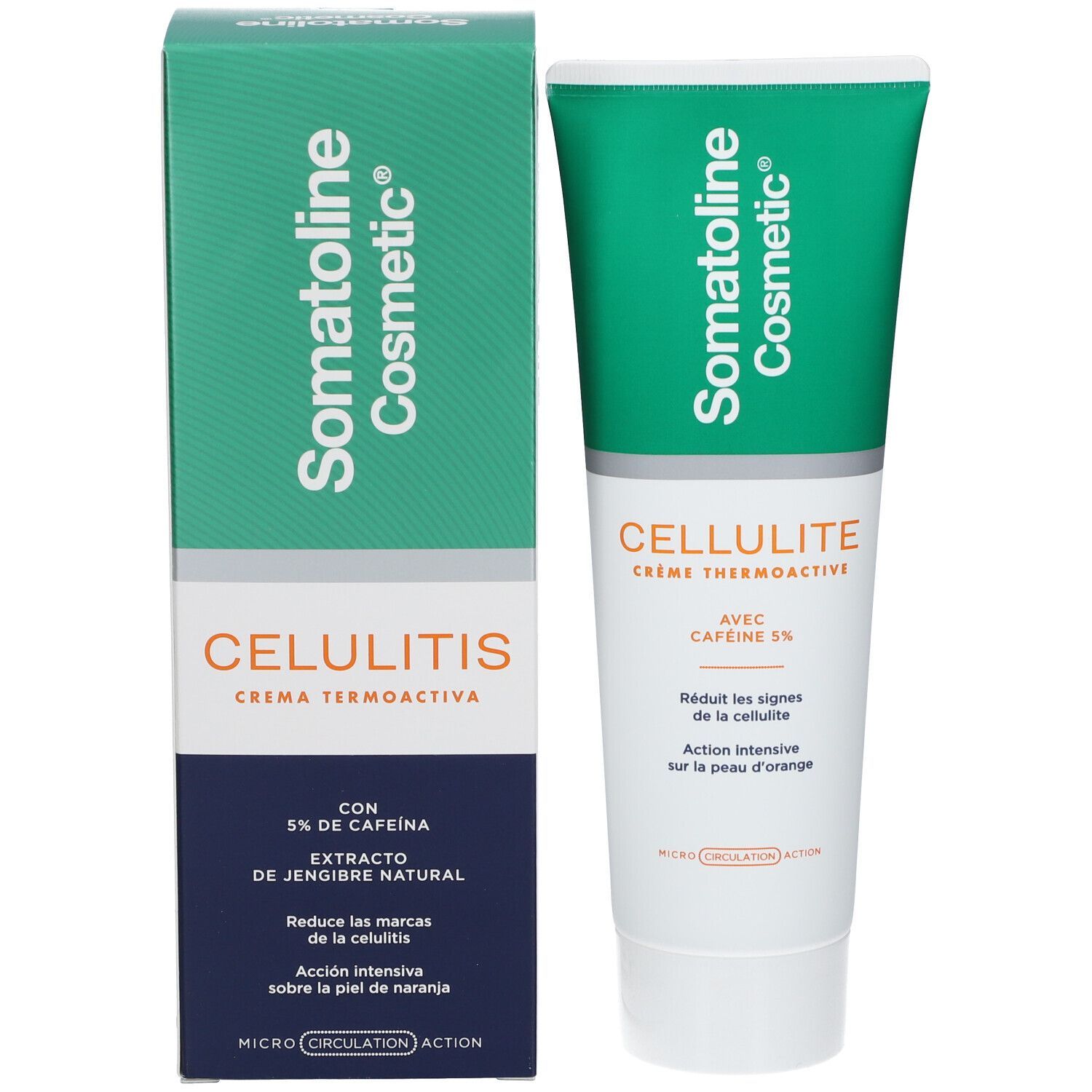 Produktverpackung: Tube und Schachtel. Aufschrift Somatoline Cosmetic und CELLULITIS. Enthält Koffein 5%.