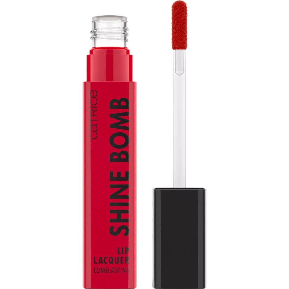 Rote Lippenstiftflasche mit Applikator. Aufschrift: SHINE BOMB, LIP LACQUER.