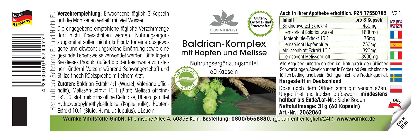 Etikett mit Produktinformationen. Aufschrift: Baldrian-Komplex mit Hopfen und Melisse. 60 Kapseln. Inhaltsstoffe und Dosierung.