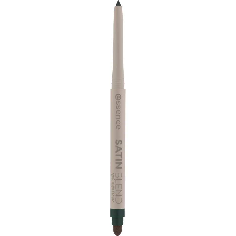 Essence Satin Blend Gel Eyeliner. Stift in Grün-Beige. Schwarze Spitze. Marke und Produktname auf dem Stift.