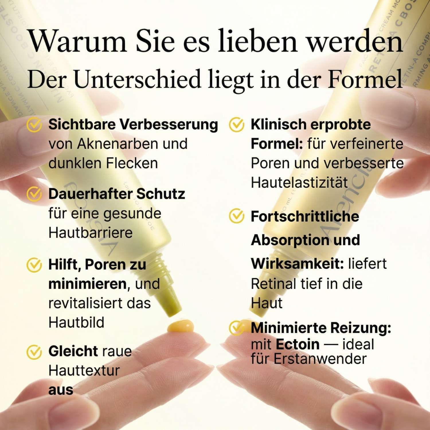 Zwei Tuben. Links: Vitamin C Booster Shot. Rechts: Retinal Booster Shot. Text. Goldfarbene Tuben mit grünen und gelben Akzenten. Text.