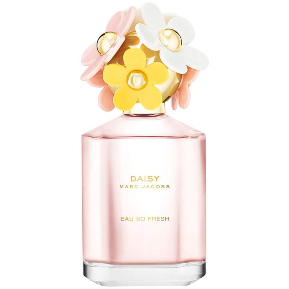 Rosa Flakon mit Blumenaufsatz. Aufschrift: DAISY MARC JACOBS, Eau So Fresh. Transparenter Flakon.