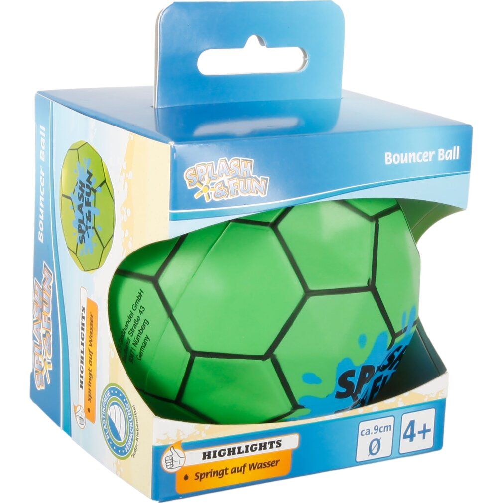 Grüner Bouncer Ball in Verpackung. Aufdruck: Splash & Fun. Größe ca. 9cm. Altersempfehlung 4+. Verpackung mit Aufhänger.