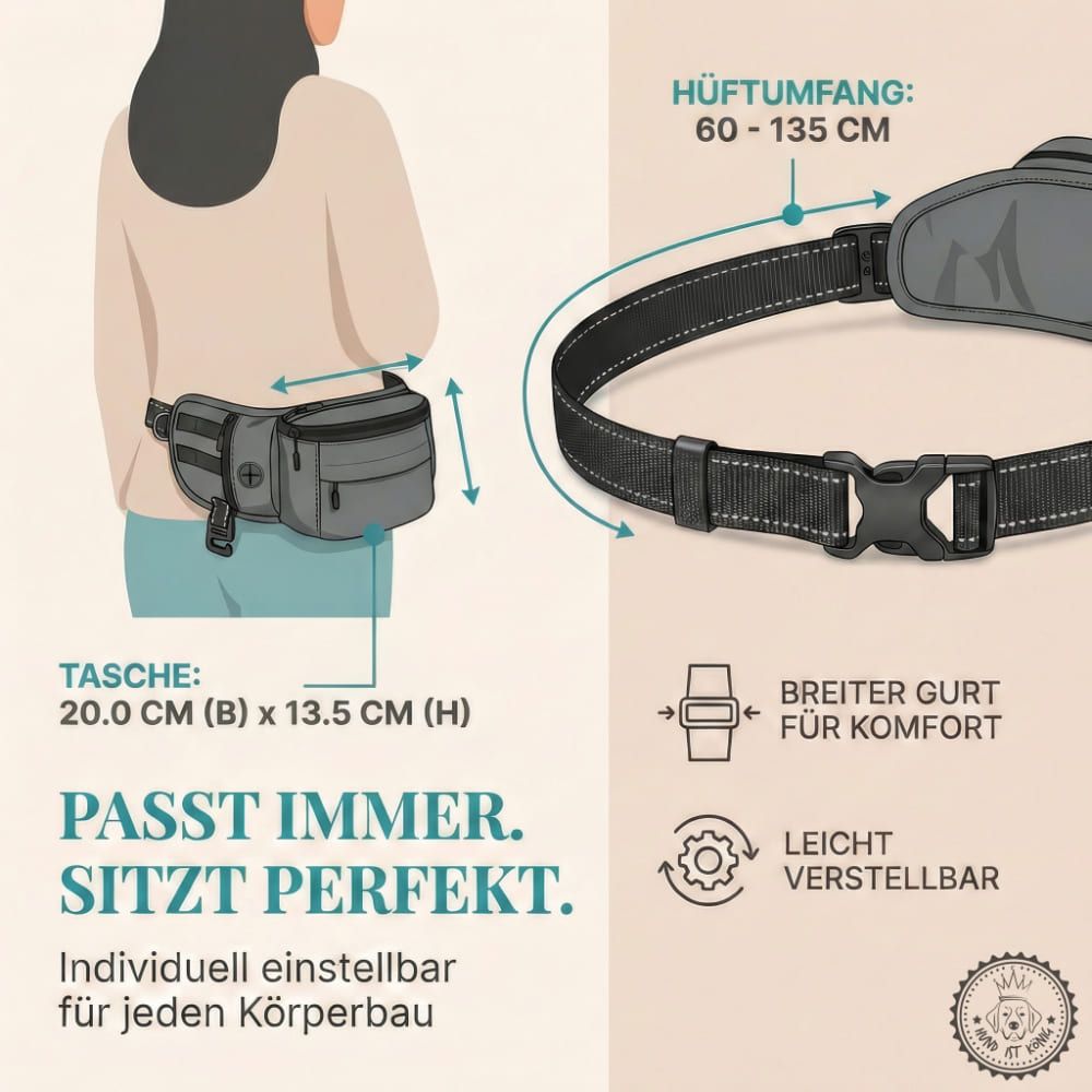 Graue Bauchtasche mit Maßen. Schwarzer Gurt mit Schnalle. Text: PASST IMMER. SITZT PERFEKT. Hüftumfang: 60-135 cm. Leicht verstellbar.