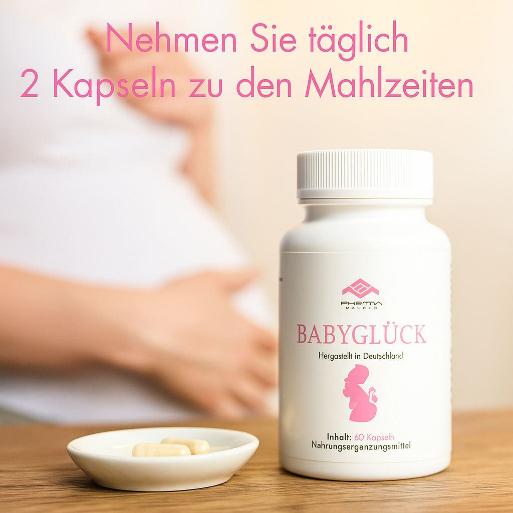Weiße Flasche mit Kapseln und Untertasse mit Kapseln. Aufschrift: BABYGLÜCK, Pharma Health Logo, 60 Kapseln. Text: Nehmen Sie täglich 2 Kapseln zu den Mahlzeiten.