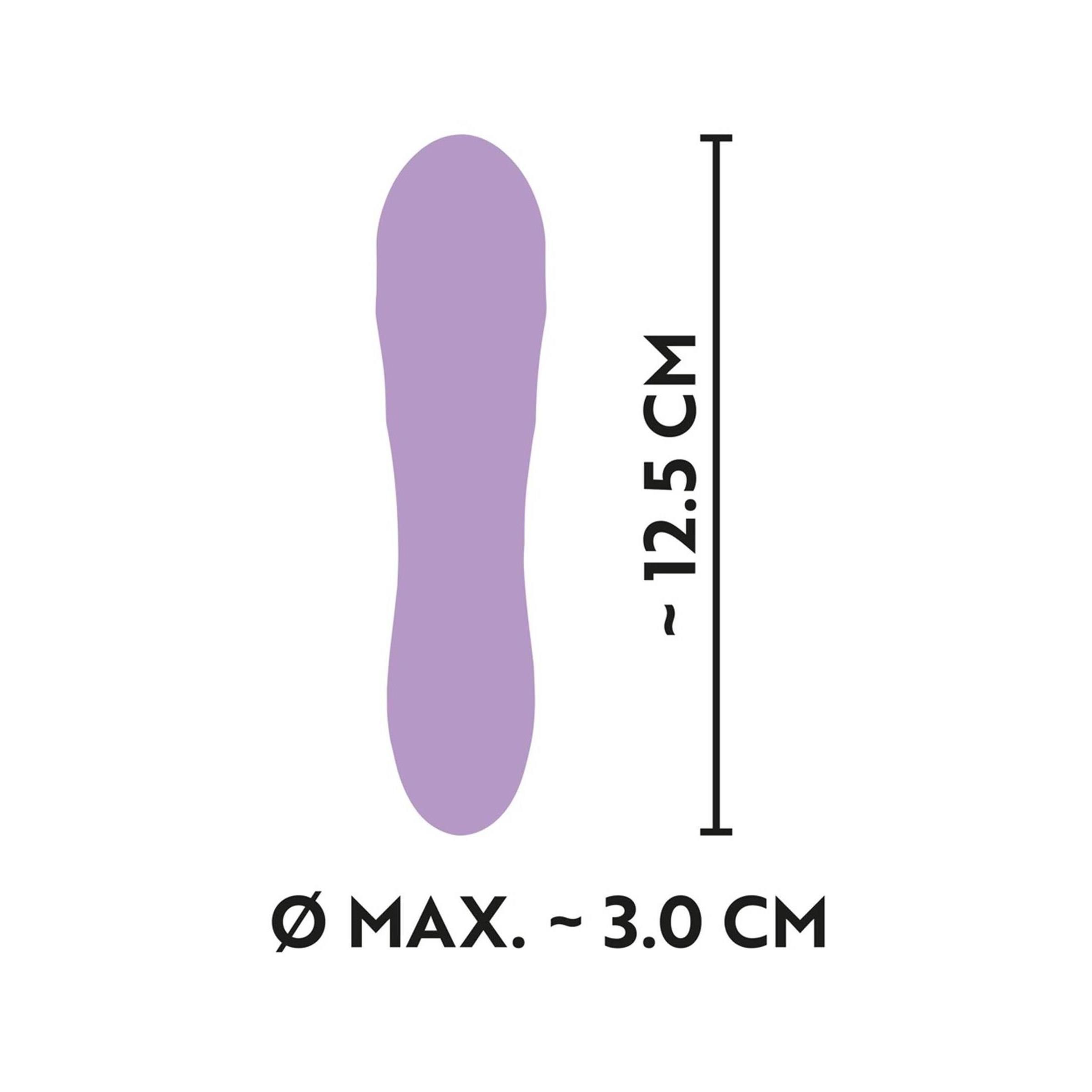 Umriss eines lila Vibrators mit Maßangaben: ca. 12,5 cm lang, Ø max. ca. 3,0 cm.