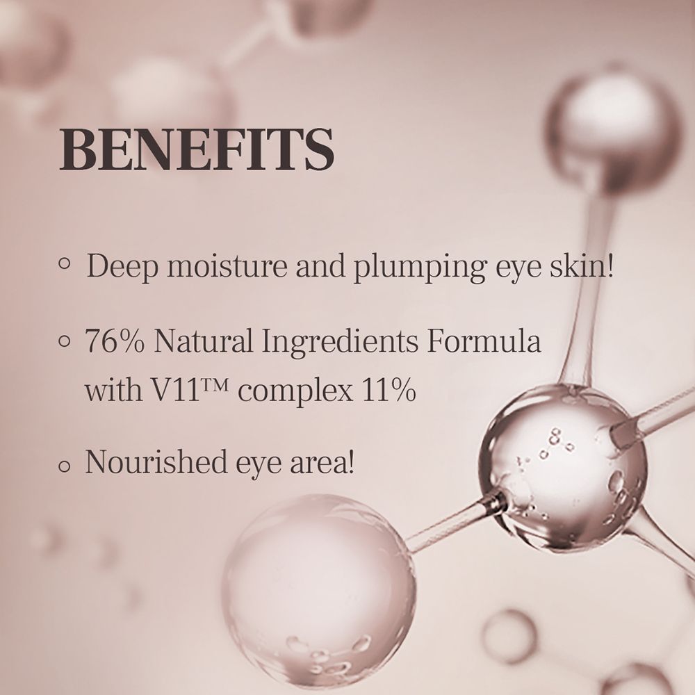 Text: BENEFITS. Punkte: Deep moisture and plumping eye skin!, 76% Natural Ingredients Formula, Nourished eye area!