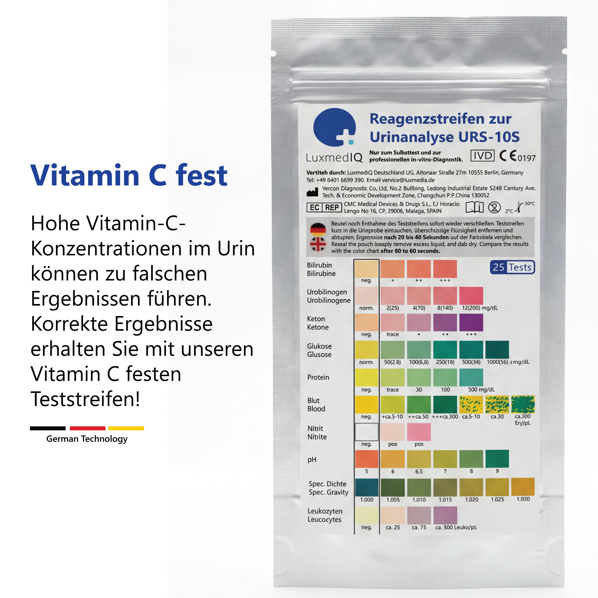 Packung mit Teststreifen. Text: Vitamin C fest. Hohe Vitamin-C-Konzentrationen können zu falschen Ergebnissen führen. Korrekte Ergebnisse mit Vitamin C fest Teststreifen.