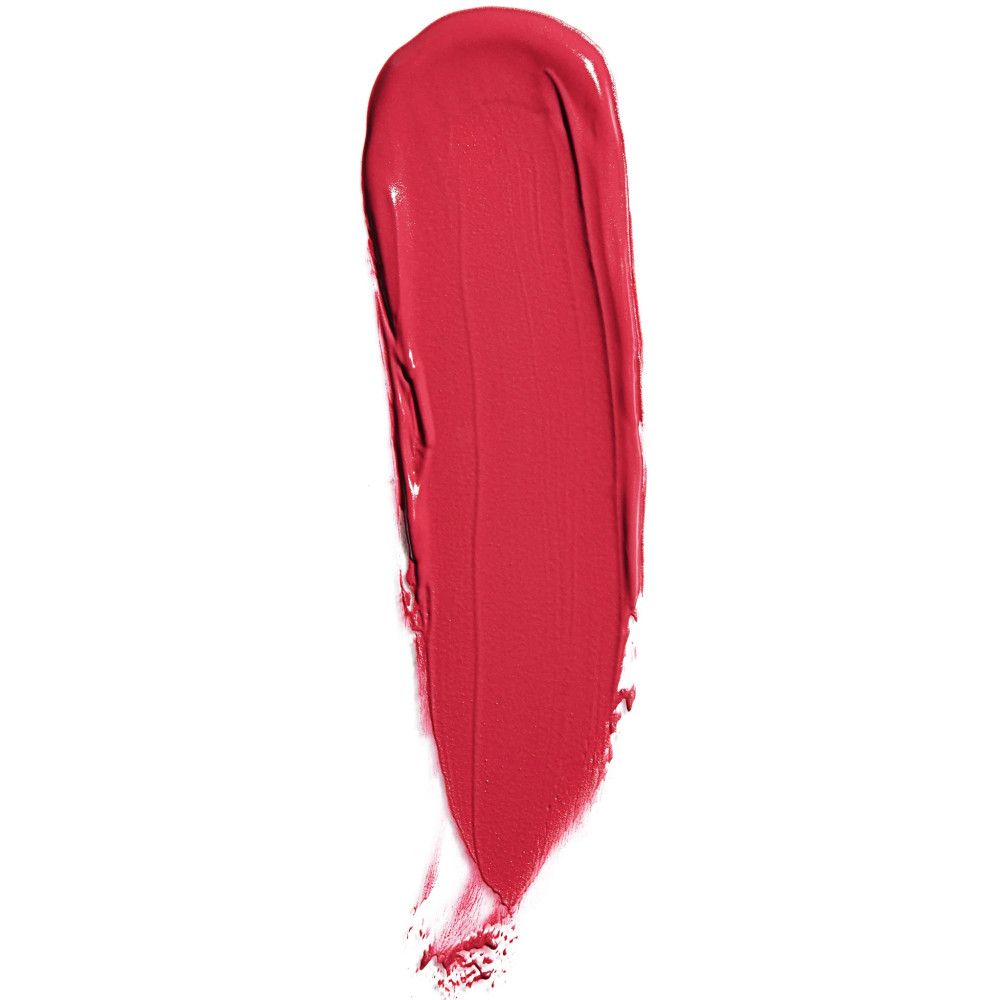 Ein einzelner, roter Lippenstiftstrich auf weißem Hintergrund. Die Textur ist glatt und deckend.
