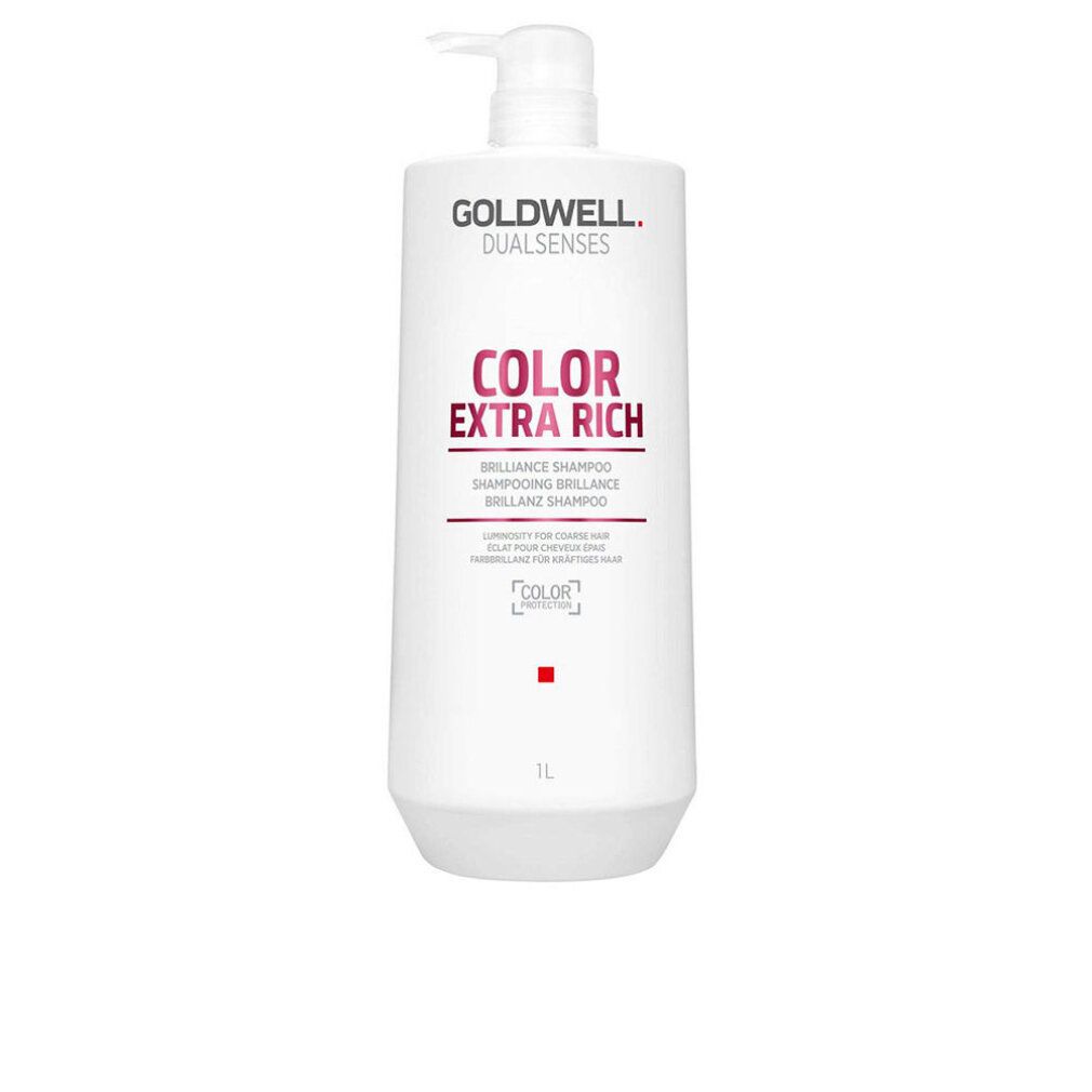 Weiße Shampoo-Flasche mit Pumpe. Aufschrift: Goldwell Dualsenses Color Extra Rich. Brilliance Shampoo. 1L.