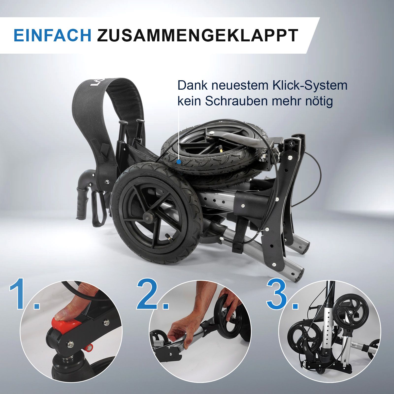 Rollator mit vier Rädern, einfach zusammengeklappt. Schwarze Räder, grauer Rahmen. Klicksystem.