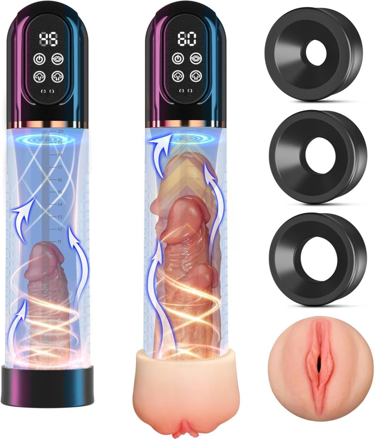 Pumpe mit digitalem Display, Zubehörringe und Silikon-Einsatz. Transparentes Gehäuse mit blauen Akzenten.